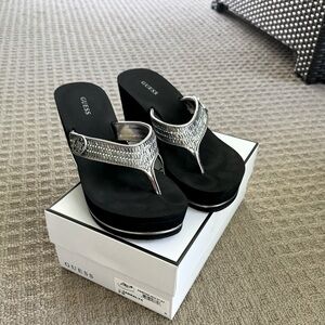 Guess Pewter / Black Metallic Flip Flop Wedge Sandal